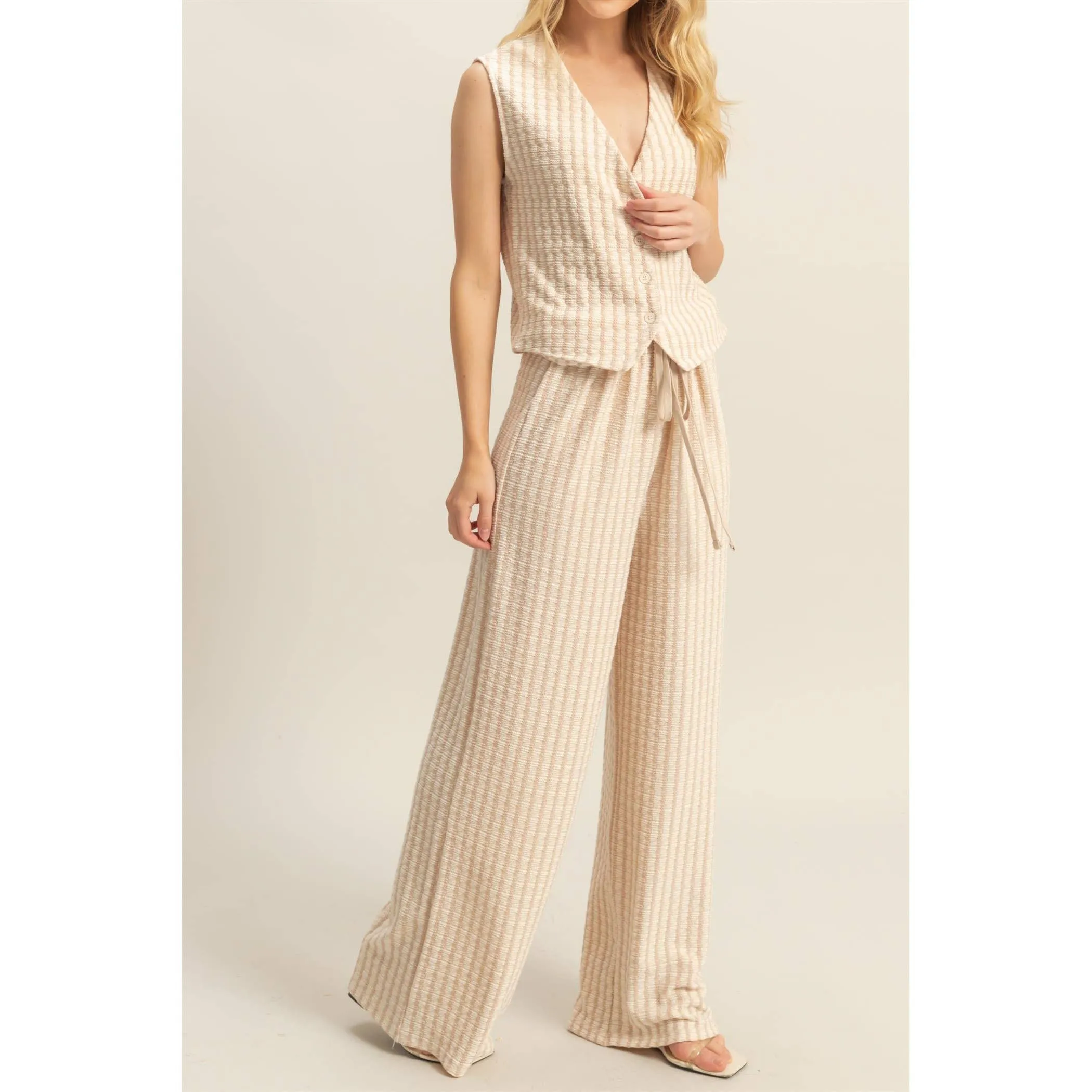 Light Taupe High Waist Drawstring Striped Knit HYFVE Pants