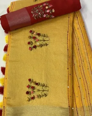 Linen Embroidred Saree In Mustard