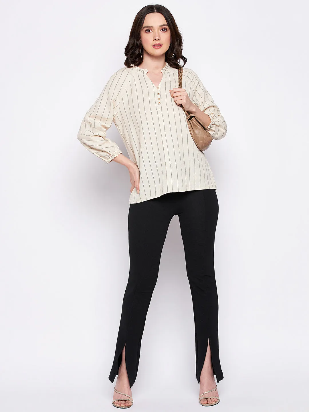 Madame Beige Frill-Neckline Striped Top