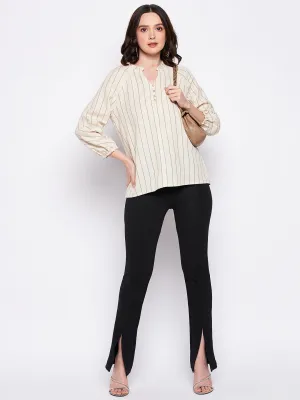 Madame Beige Frill-Neckline Striped Top