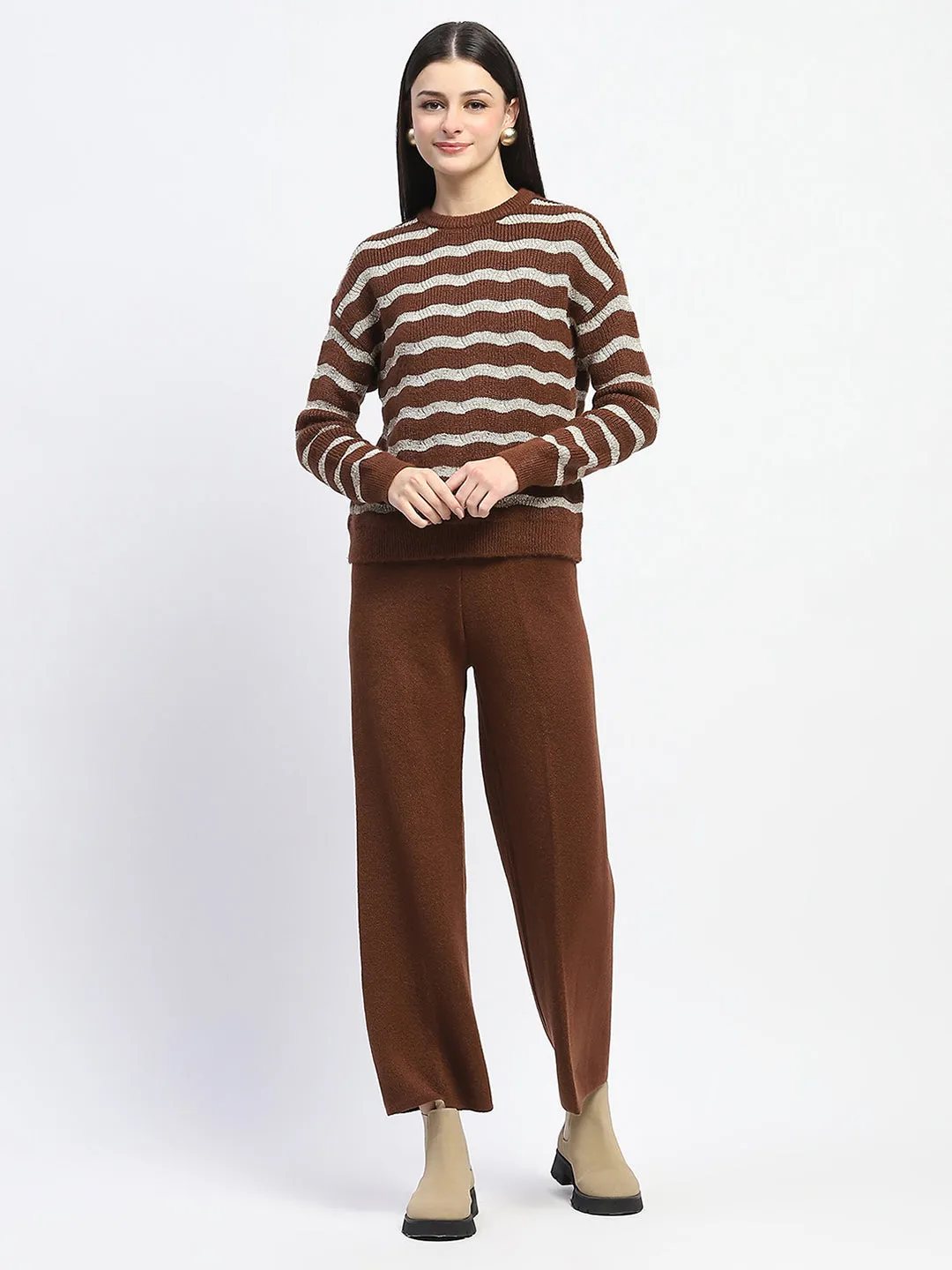 Madame Striped Top and Straight Fit Bottoms Tan Co-ord Set