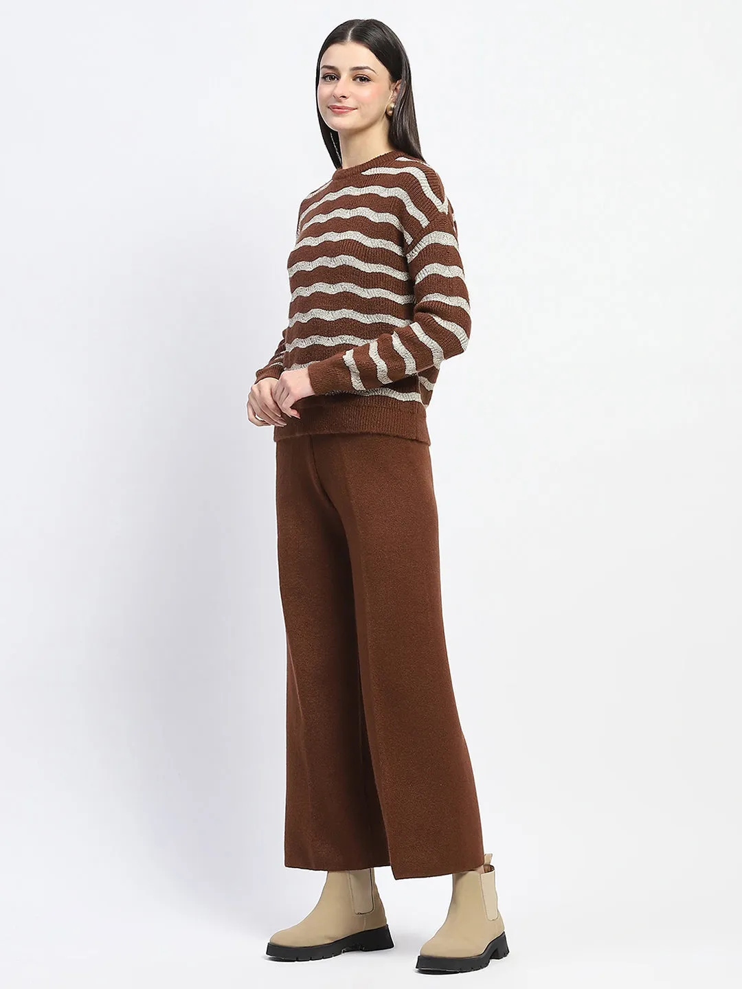 Madame Striped Top and Straight Fit Bottoms Tan Co-ord Set