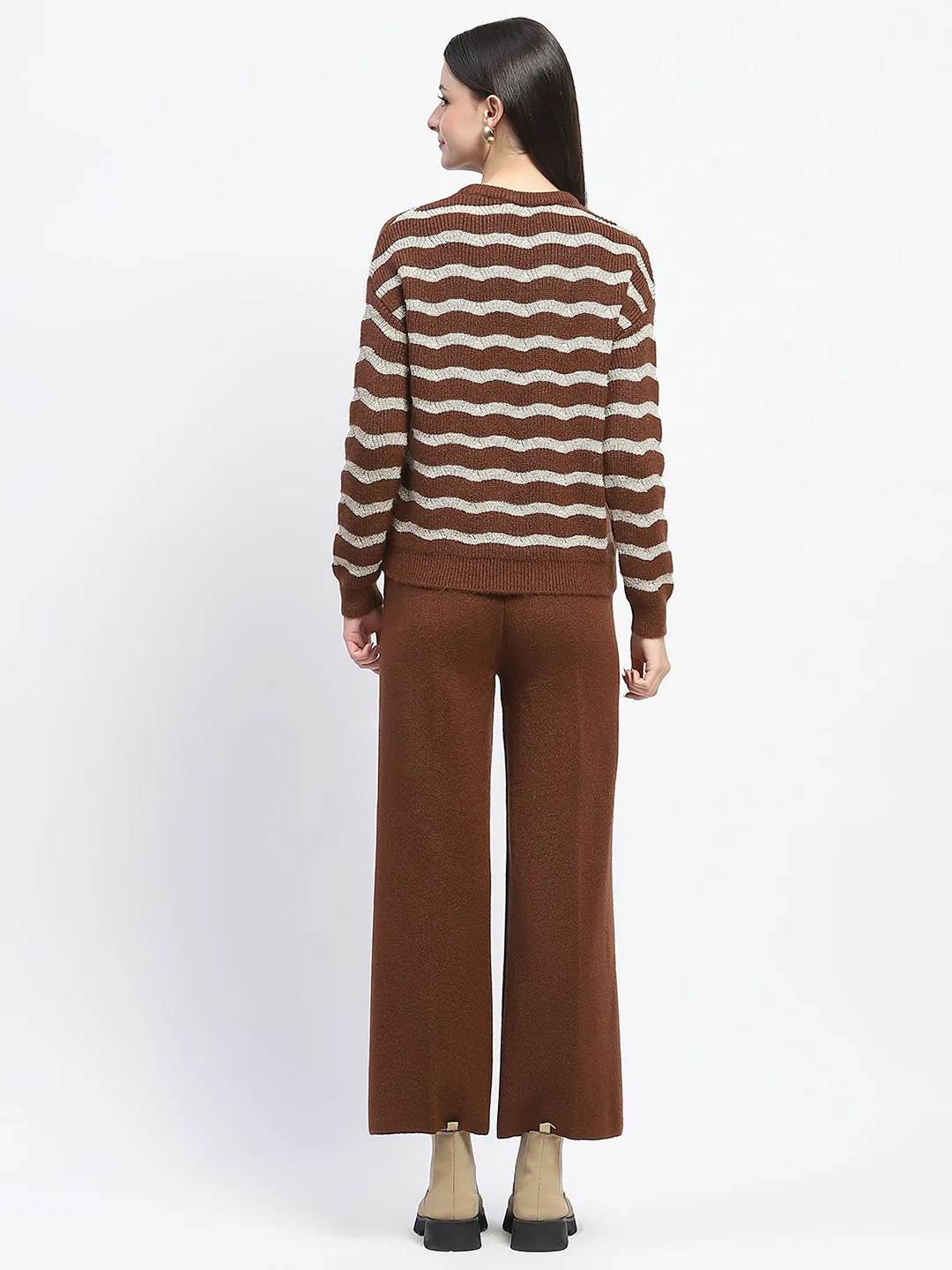 Madame Striped Top and Straight Fit Bottoms Tan Co-ord Set