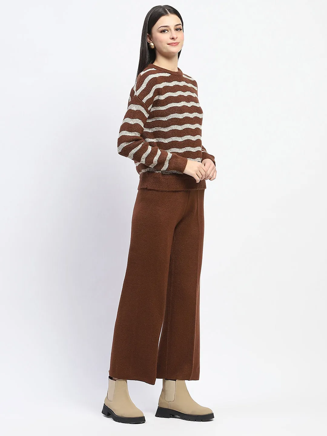 Madame Striped Top and Straight Fit Bottoms Tan Co-ord Set