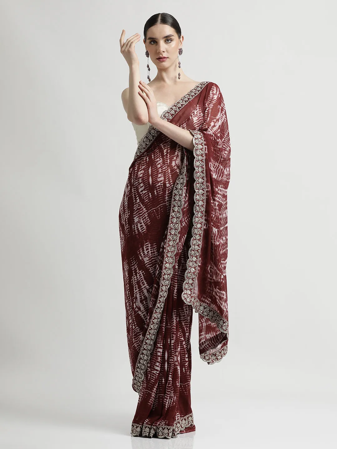Maroon Sequin Embroidered Pure Georgette Tie Dye Saree