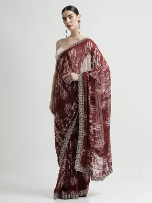 Maroon Sequin Embroidered Pure Georgette Tie Dye Saree