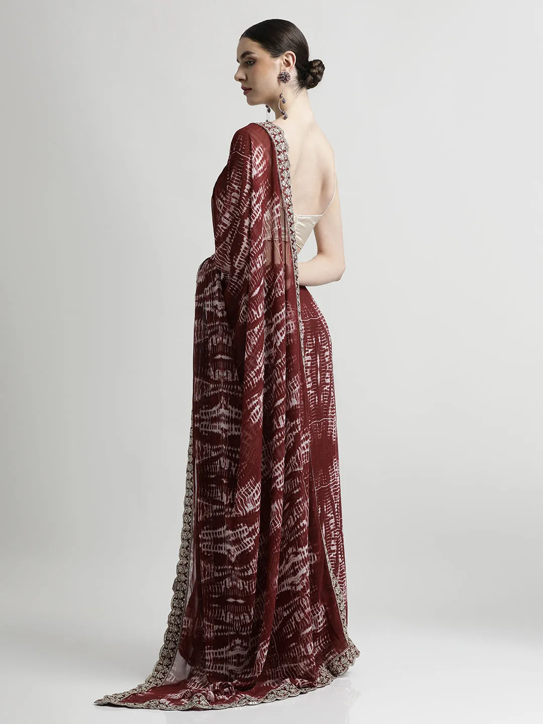 Maroon Sequin Embroidered Pure Georgette Tie Dye Saree