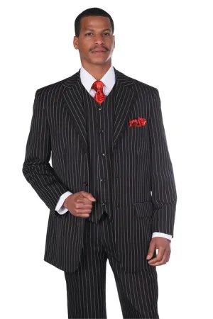 Mens 3 Button Vested 1920's Gangster Pinstripe Suit in Black Pintripe
