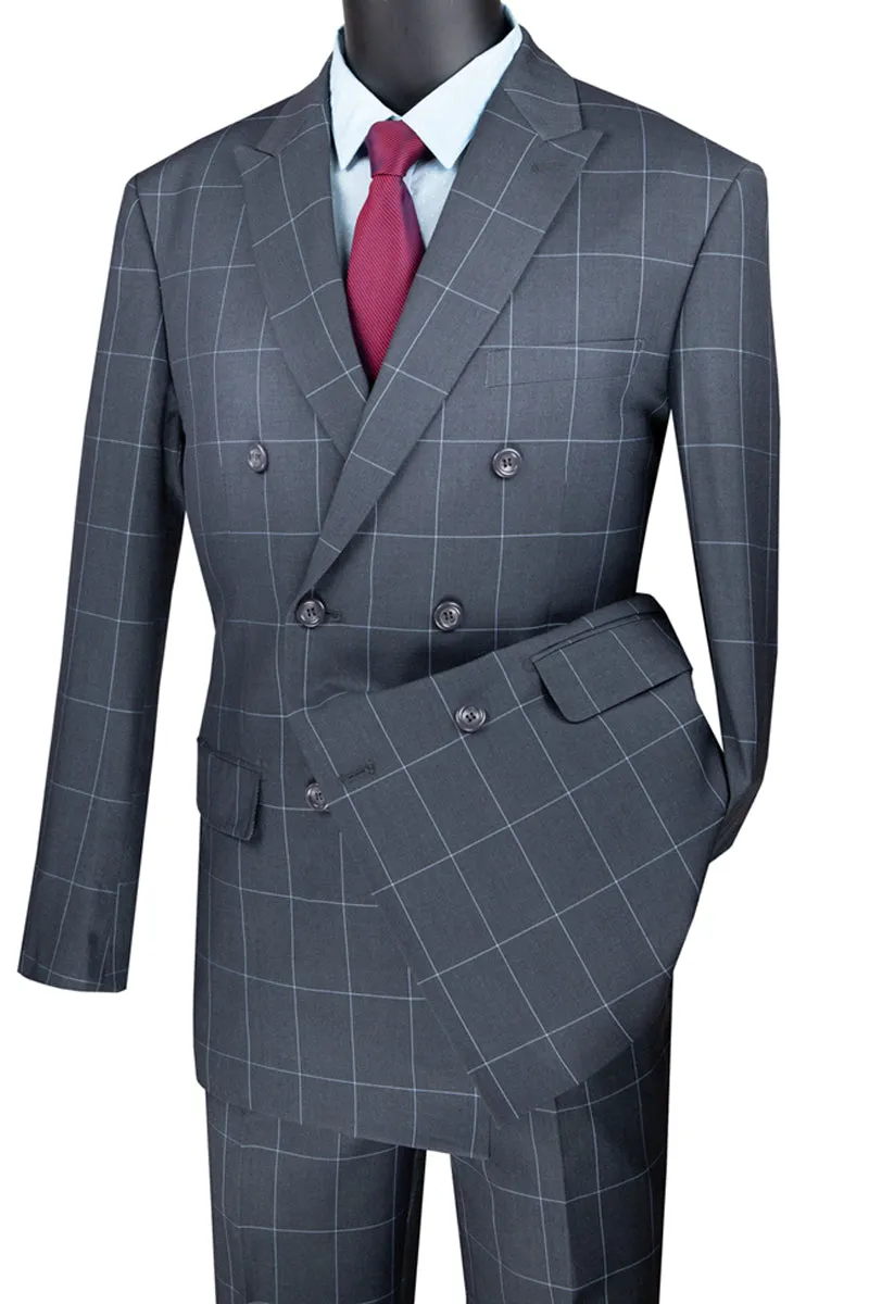 Mens Double Breasted Bold Windowpane Suit in Medium Grey