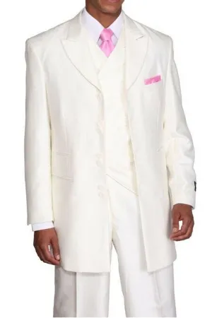 Mens Vested Wide Peak Lapel Ton on Ton Stripe Fashion Suit in Cream