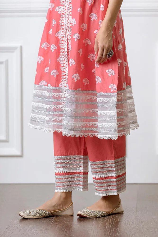 Mulmul Lotus Red Anarkalli with Lotus Pallazo