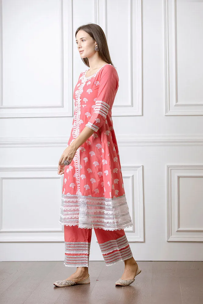 Mulmul Lotus Red Anarkalli with Lotus Pallazo