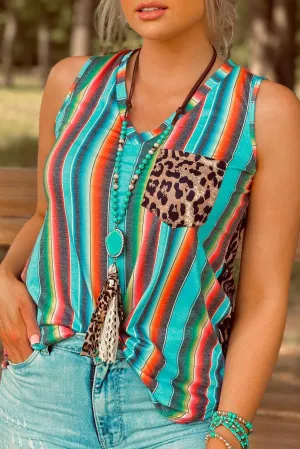 Multicolor Serape Leopard Patchwork Pocket V Neck Tank Top