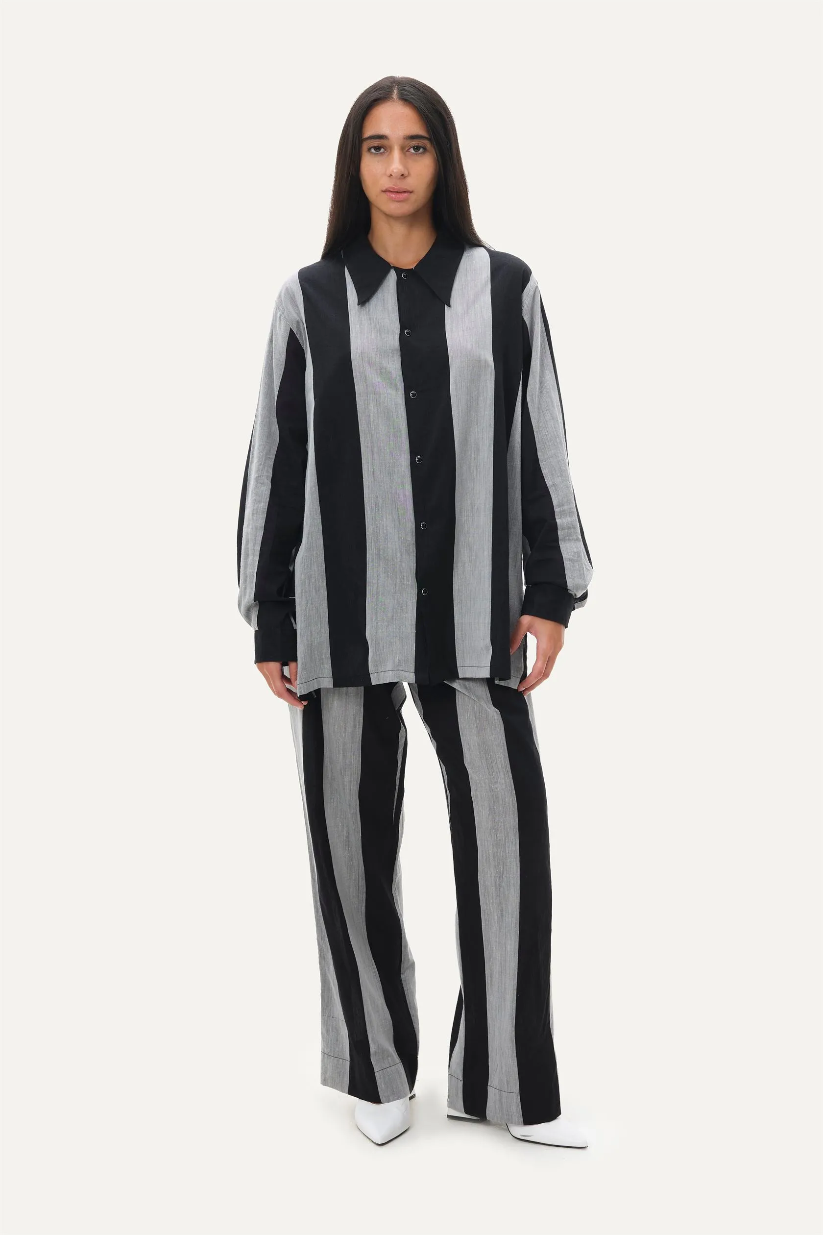 Naushad Ali   I   Bold stripe Co-ord Signature Spring Summer 2025 Black   Smoke Grey Handwoven Silk Cotton NA SS24 W16