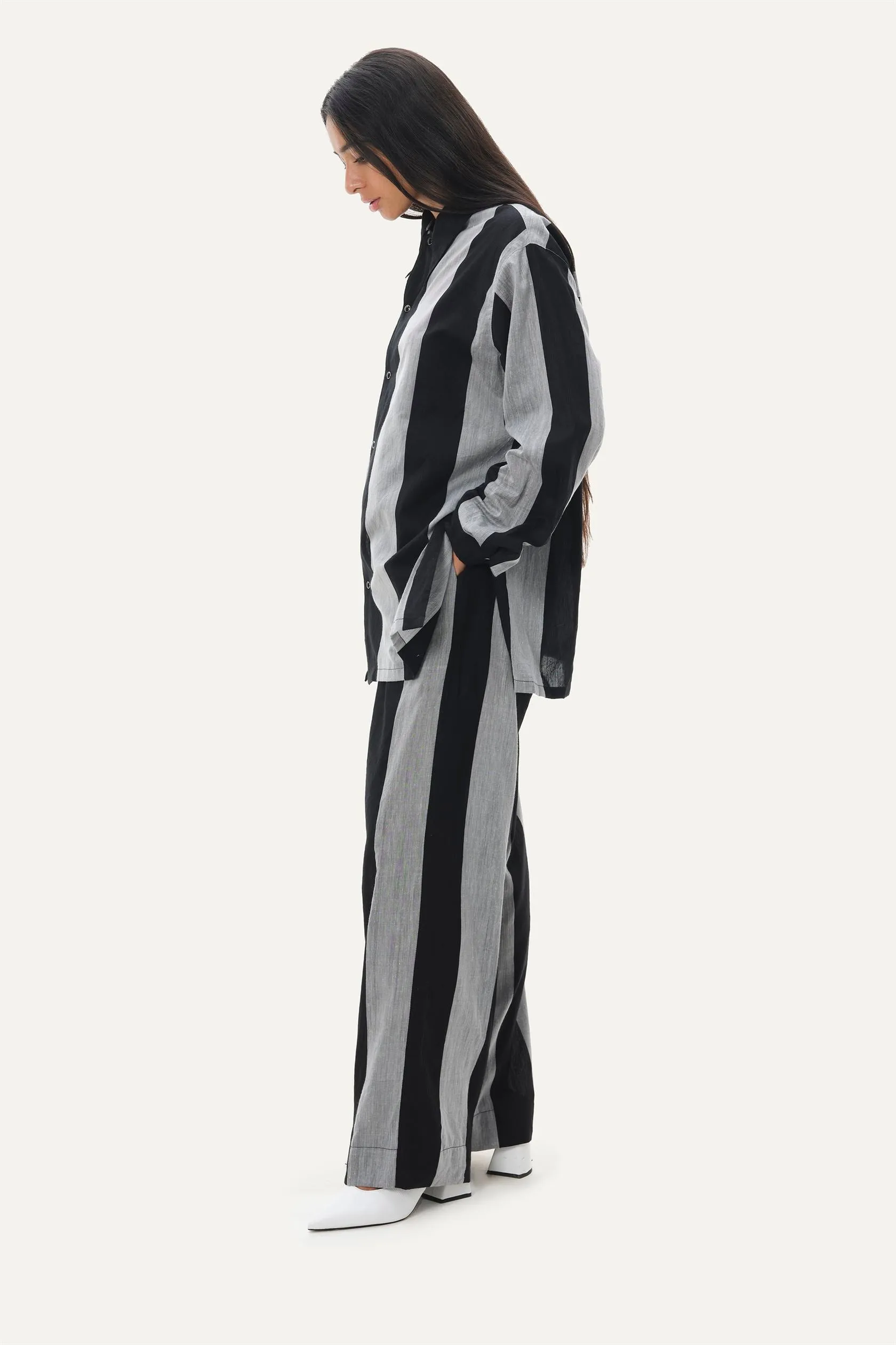 Naushad Ali   I   Bold stripe Co-ord Signature Spring Summer 2025 Black   Smoke Grey Handwoven Silk Cotton NA SS24 W16