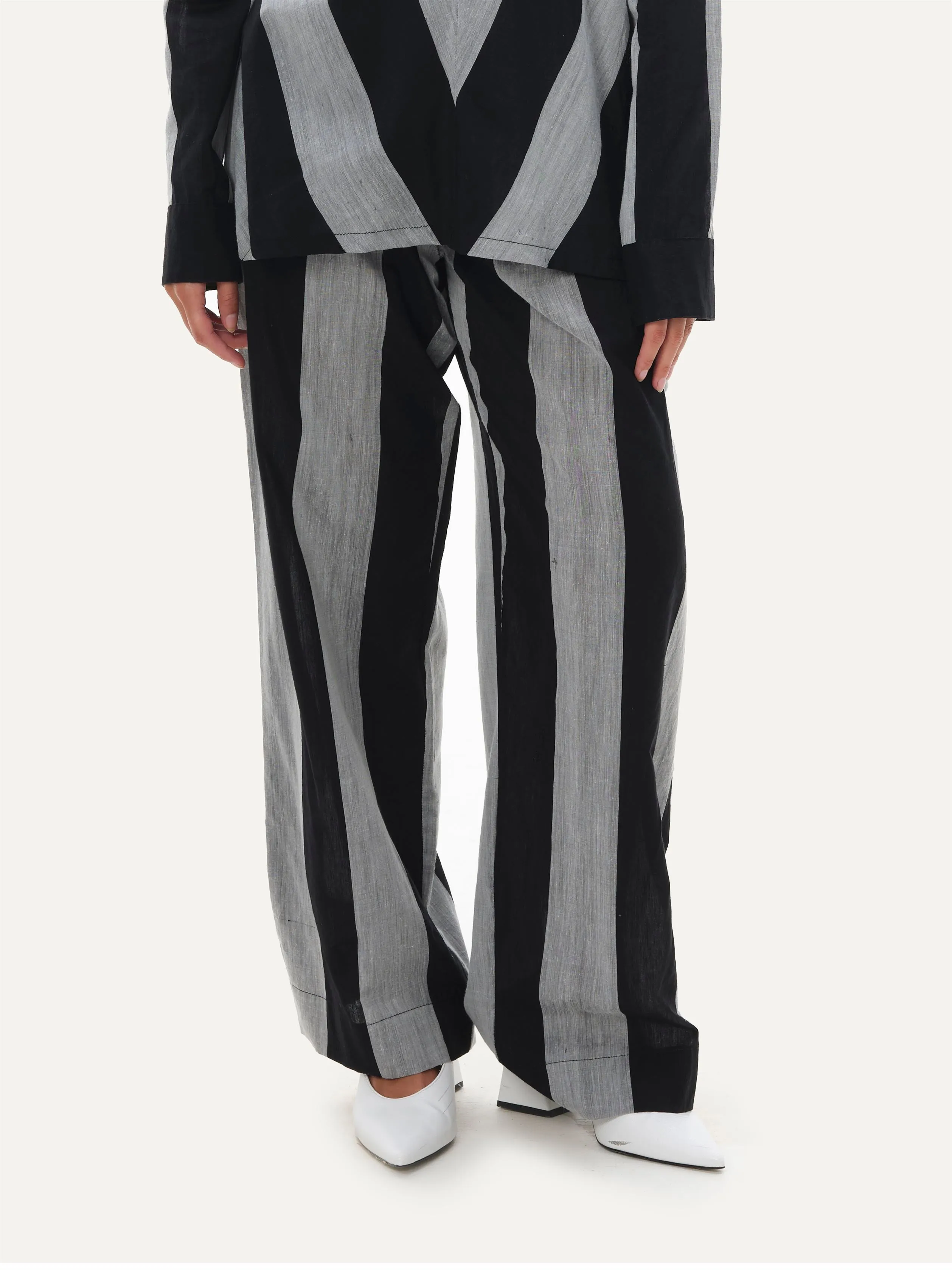Naushad Ali   I   Straight Pants - Bold stripe Signature Spring Summer 2025 Black   Smoke Grey Handwoven Silk Cotton NA SS24 W15P