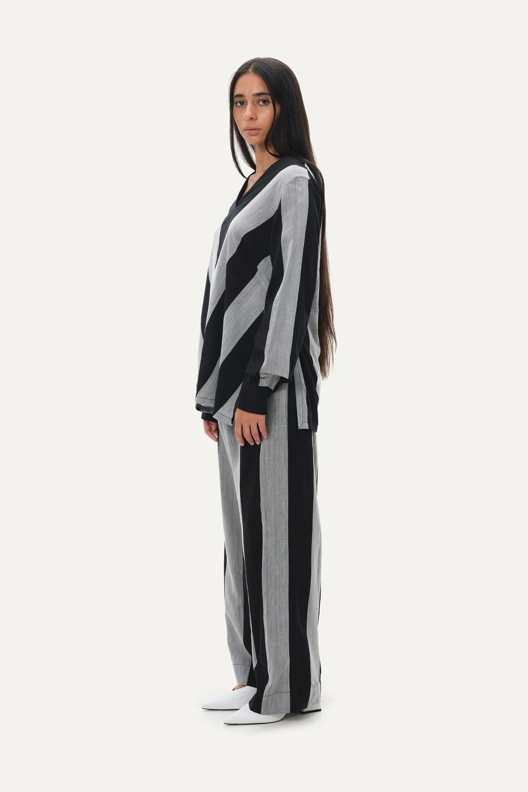 Naushad Ali   I   Straight Pants - Bold stripe Signature Spring Summer 2025 Black   Smoke Grey Handwoven Silk Cotton NA SS24 W15P