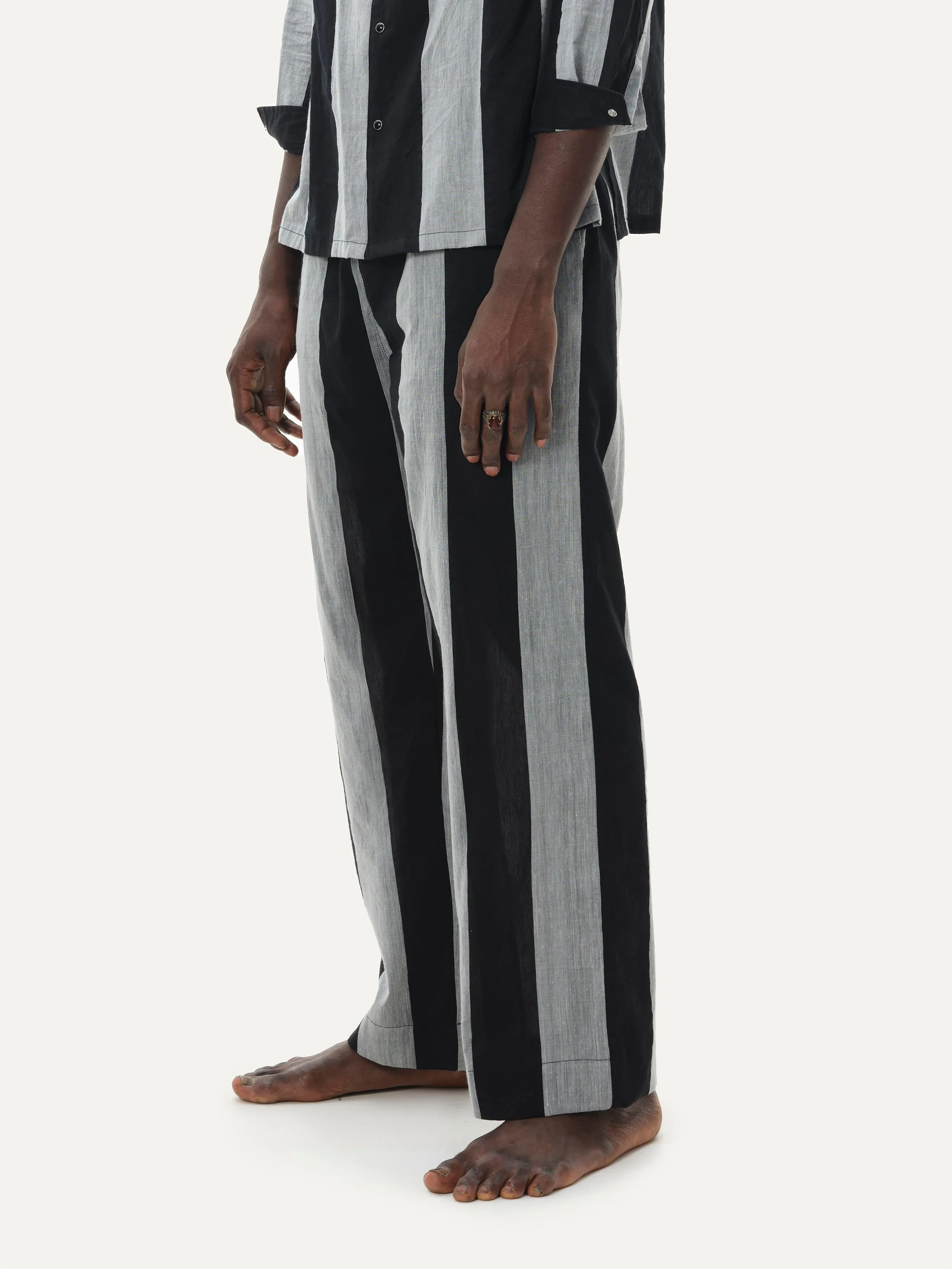 Naushad Ali I Straight Pants , Bold stripe Signature Spring Summer 2025 Handwoven Silk Cotton Black   Smoke Grey NA SS24 M16P