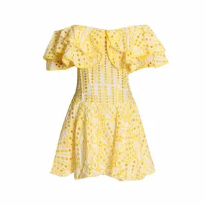 Off Shoulder Embroidered Ruffled Mini Dress