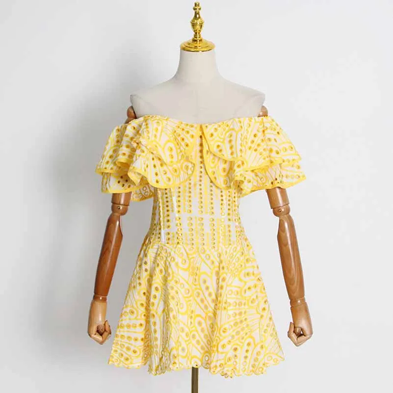 Off Shoulder Embroidered Ruffled Mini Dress