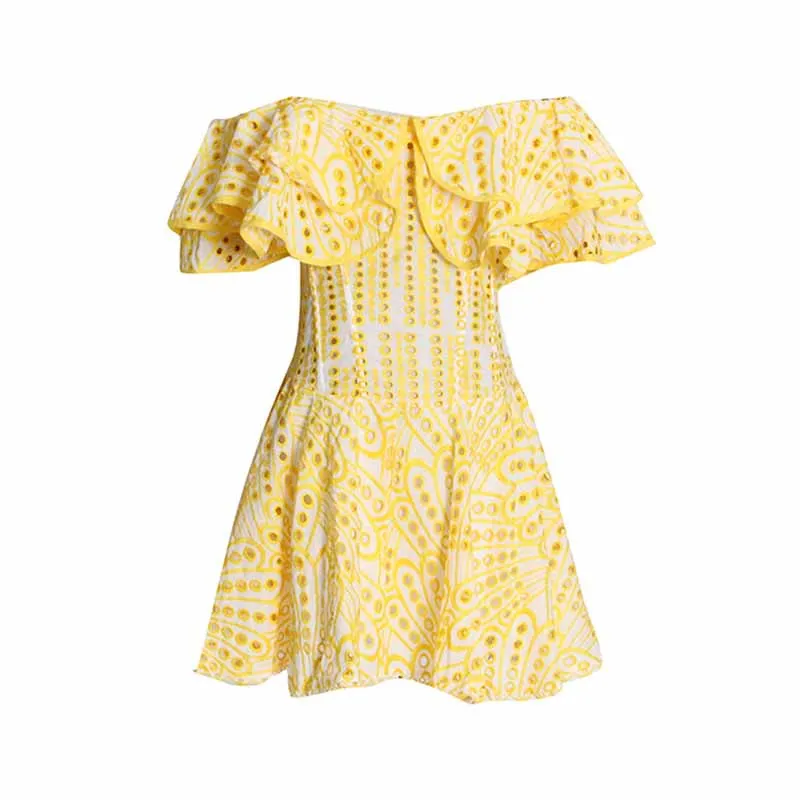 Off Shoulder Embroidered Ruffled Mini Dress