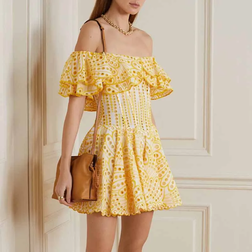 Off Shoulder Embroidered Ruffled Mini Dress