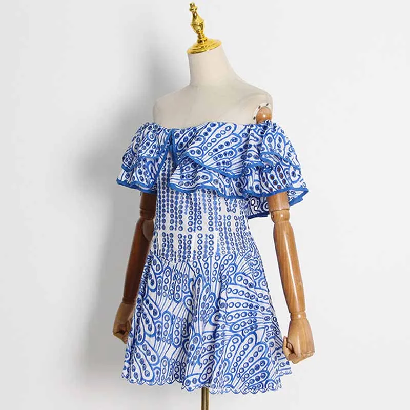 Off Shoulder Embroidered Ruffled Mini Dress
