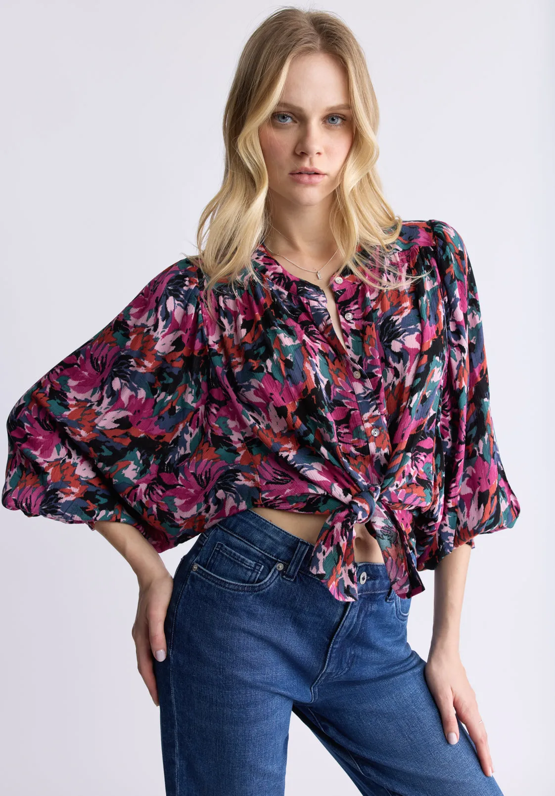 Ottilie Women's Long-Sleeved Blouse, Dark Pink Floral - WT0120F