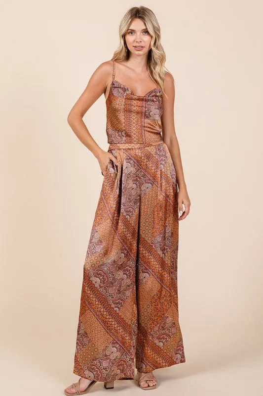 Paisley Patchwork Print Satin Cowl Neck Crop Cami