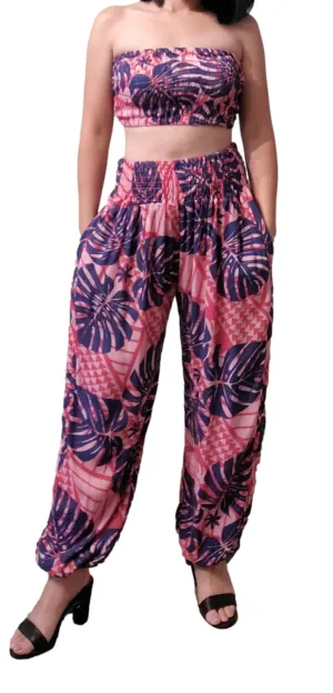 Pant with Bandeau Top - Dk Pink & Blue Monstera