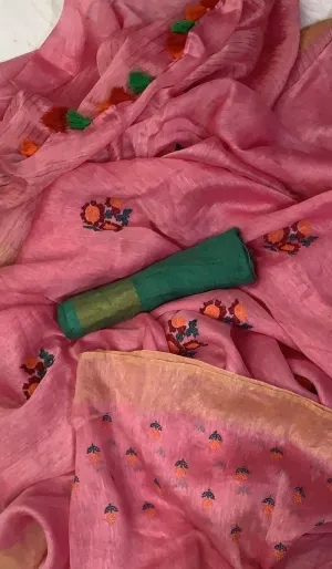 Pink Linen Embroidery Saree