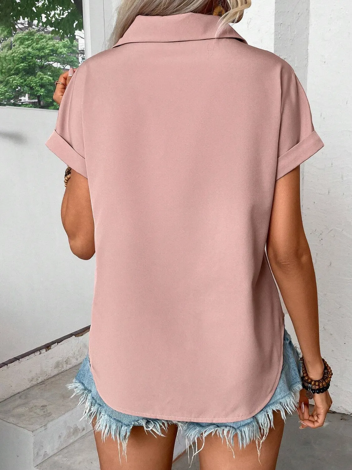 Pleated Detail Collared Neck Short Sleeve Shirt (6 Colors)