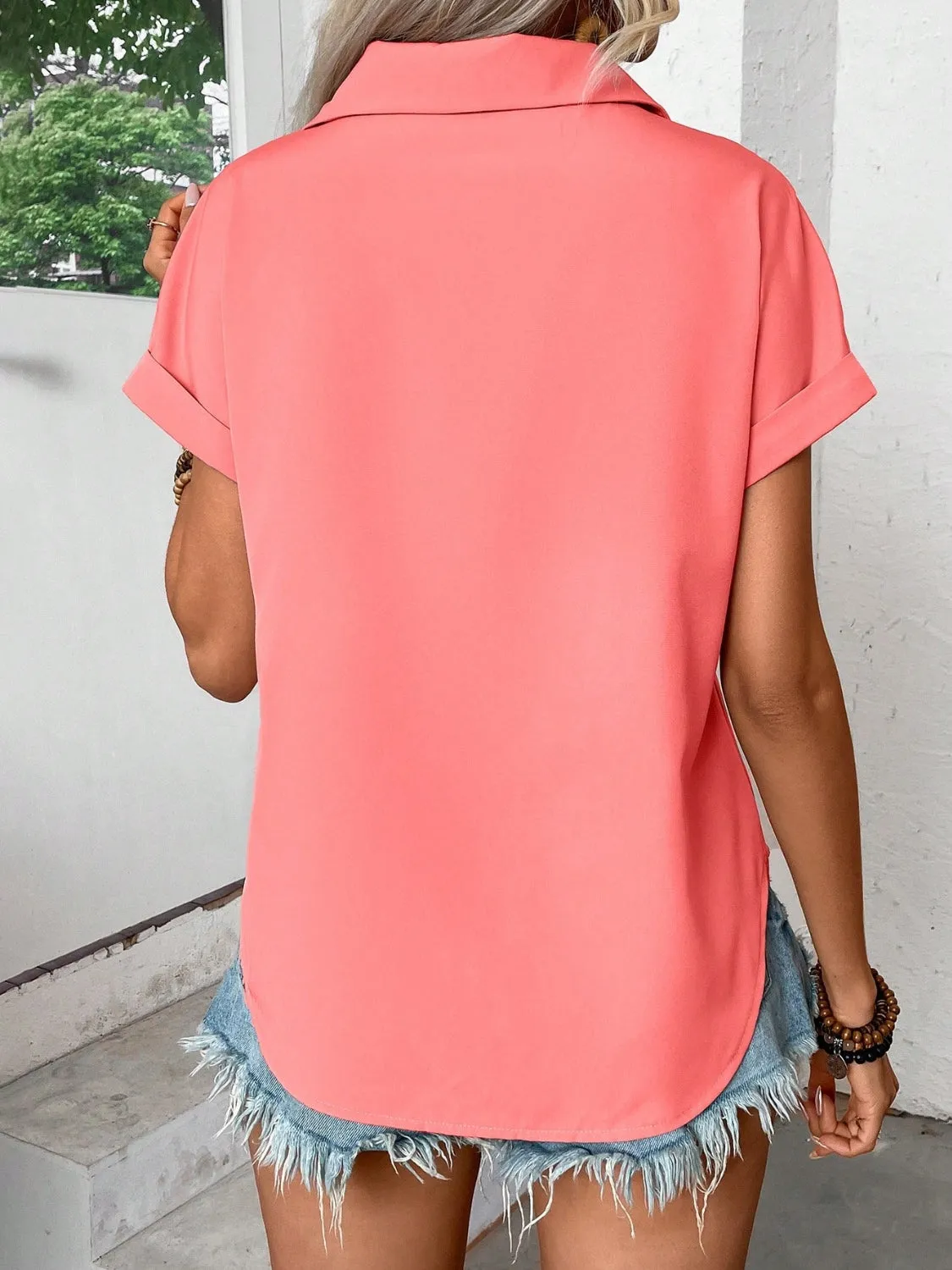 Pleated Detail Collared Neck Short Sleeve Shirt (6 Colors)