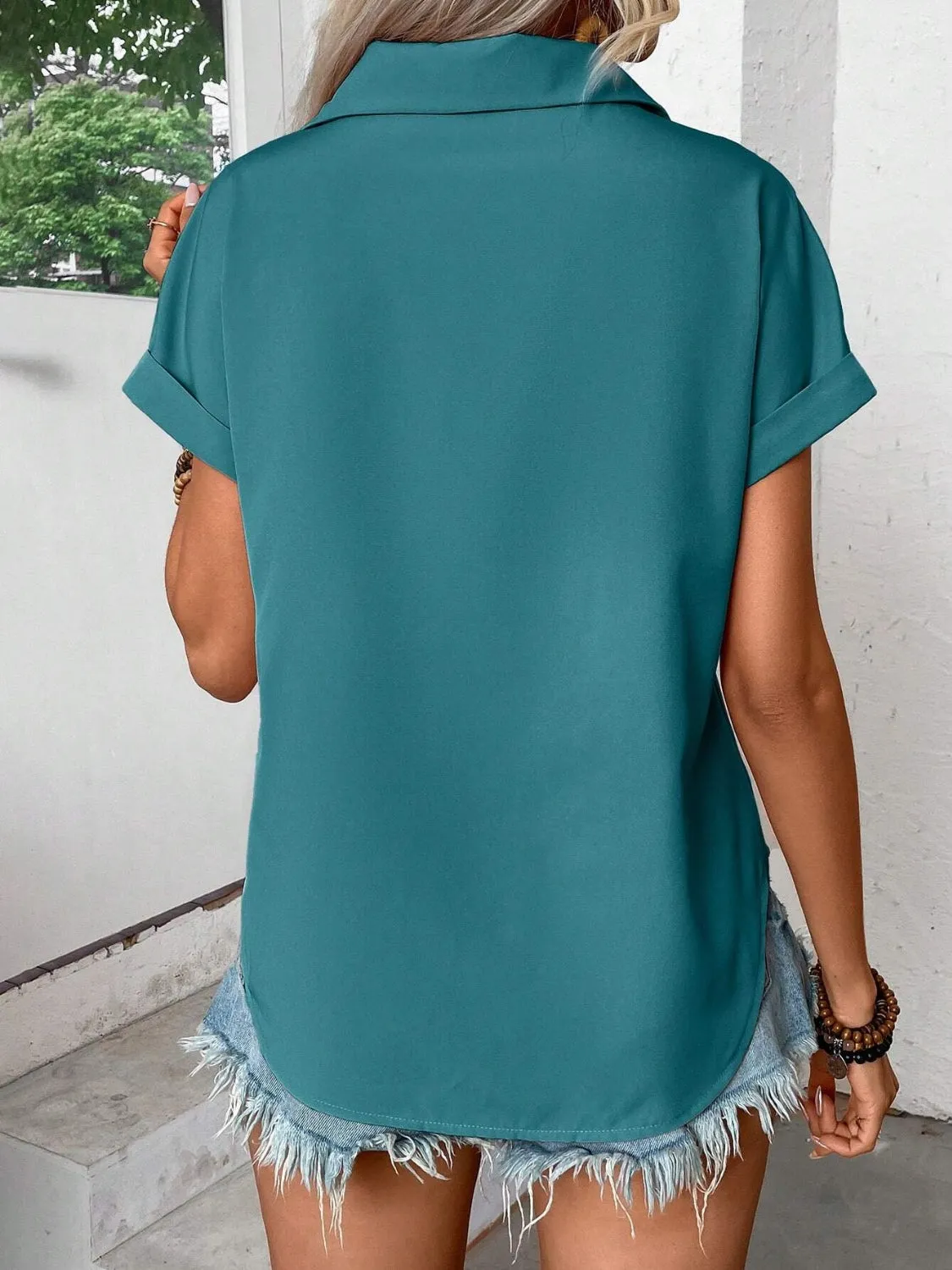 Pleated Detail Collared Neck Short Sleeve Shirt (6 Colors)