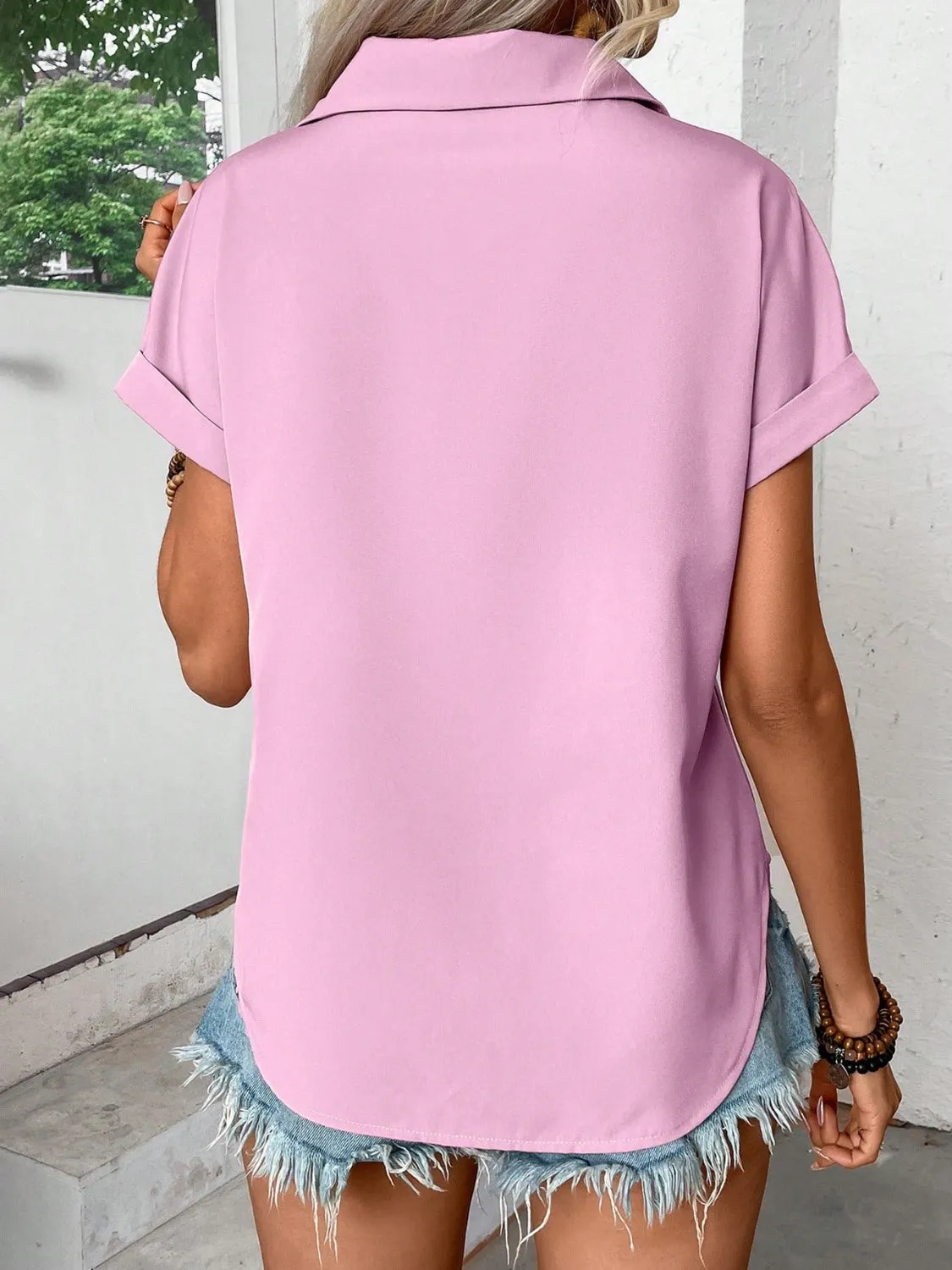 Pleated Detail Collared Neck Short Sleeve Shirt (6 Colors)