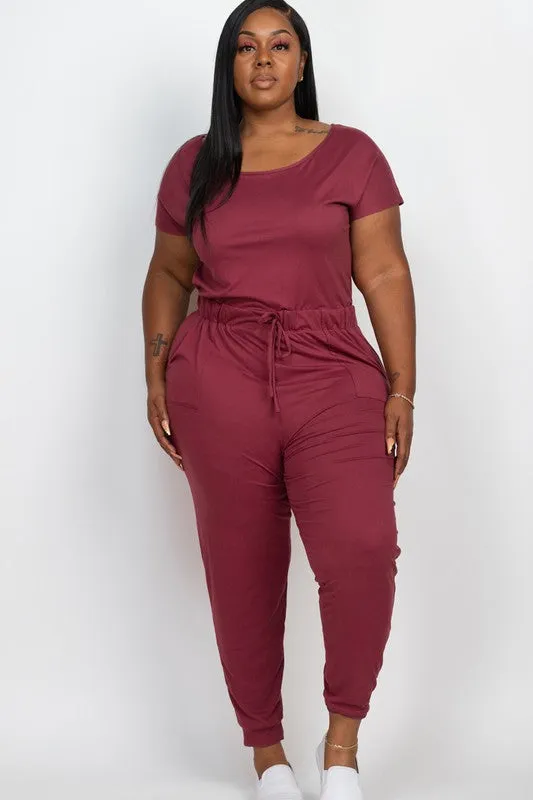 Plus Casual Short Sleeve Jumpsuit with Drawstring Waist