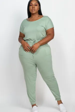 Plus Casual Short Sleeve Jumpsuit with Drawstring Waist