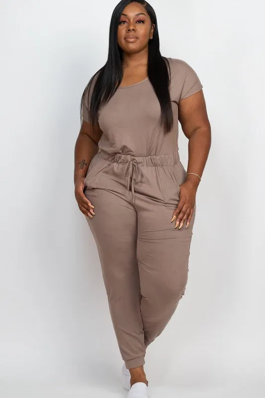 Plus Casual Short Sleeve Jumpsuit with Drawstring Waist