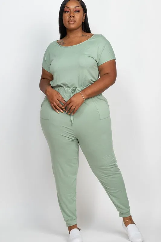 Plus Casual Short Sleeve Jumpsuit with Drawstring Waist