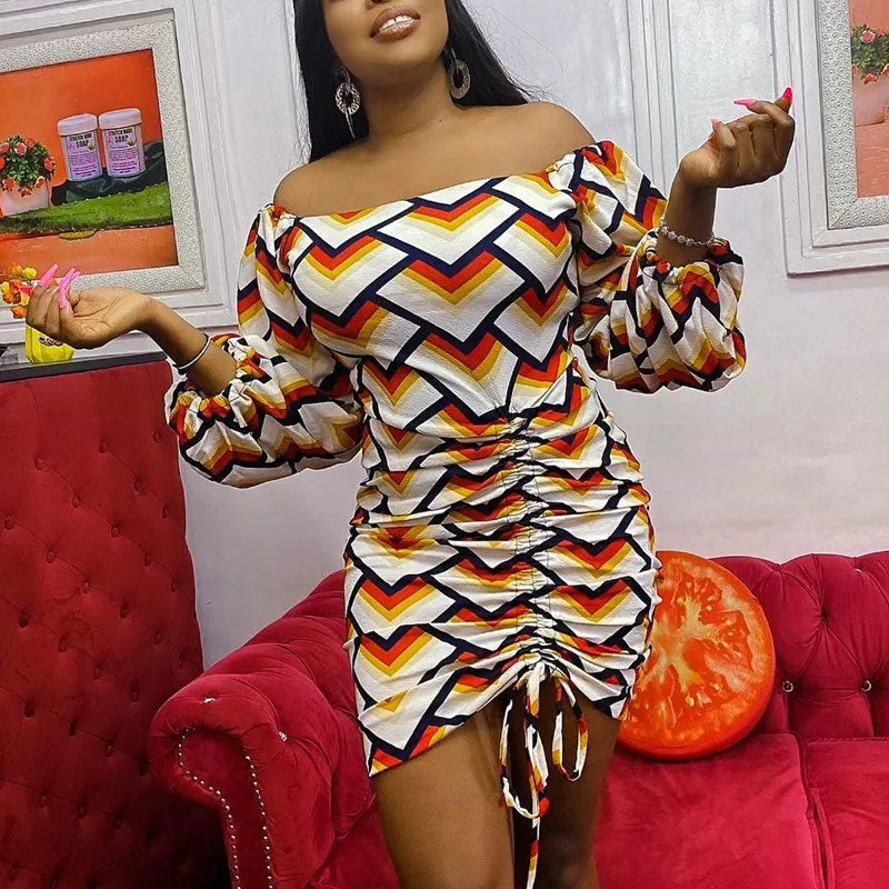 Print Off Shoulder Drawstring Bodycon Dress
