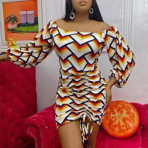 Print Off Shoulder Drawstring Bodycon Dress