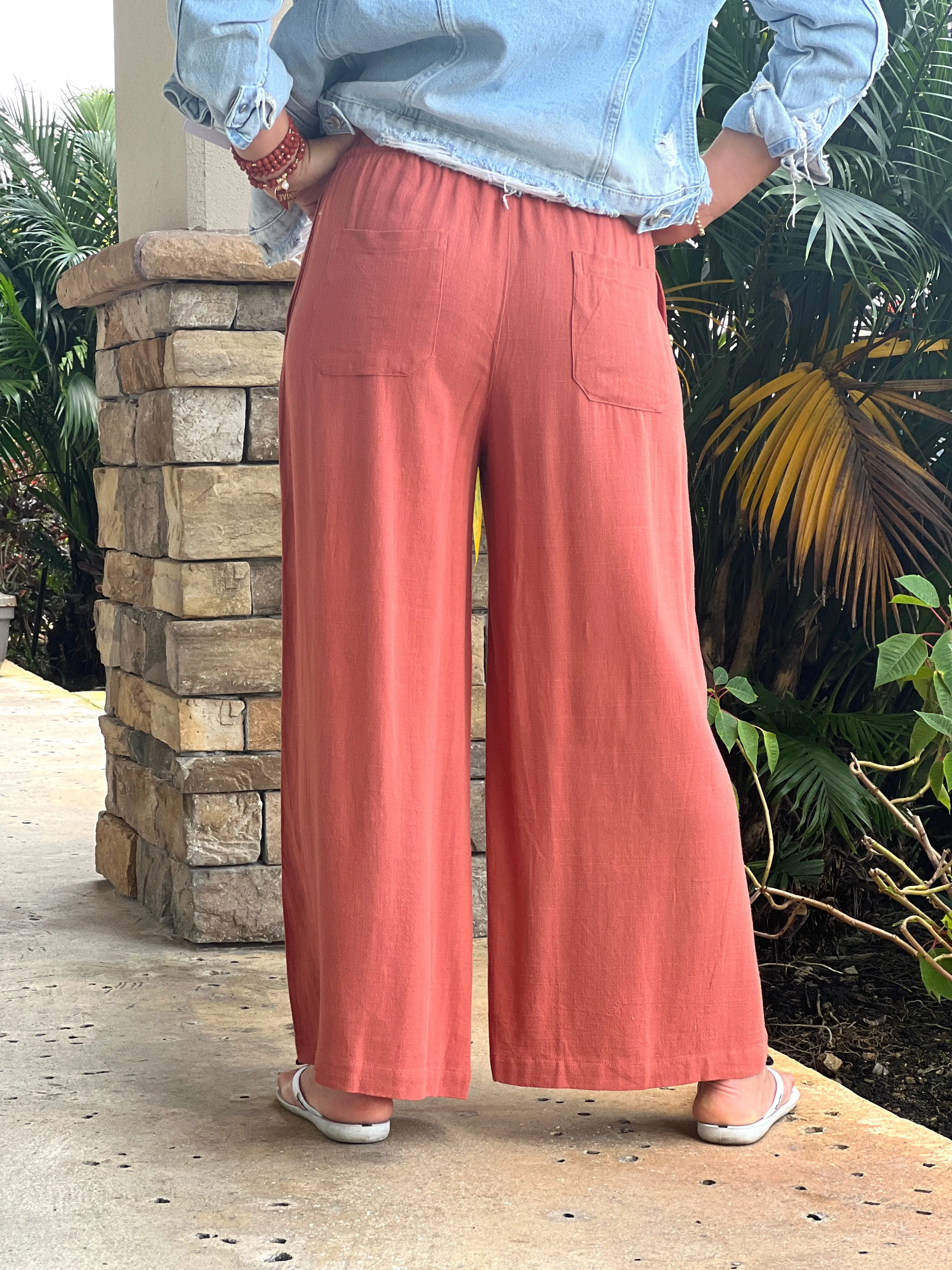 "Sara" Linen Elastic Waist Pants Pants