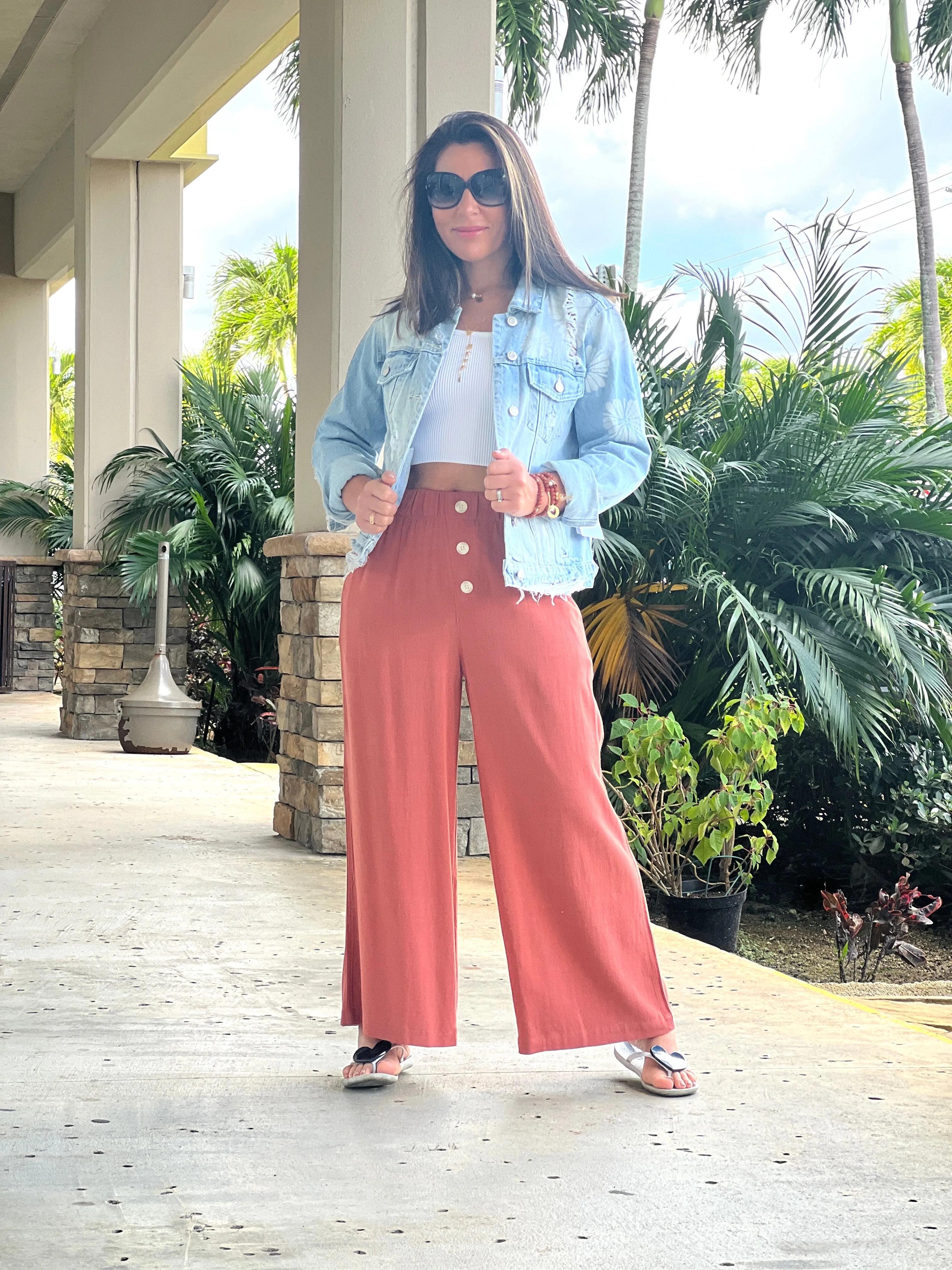 "Sara" Linen Elastic Waist Pants Pants