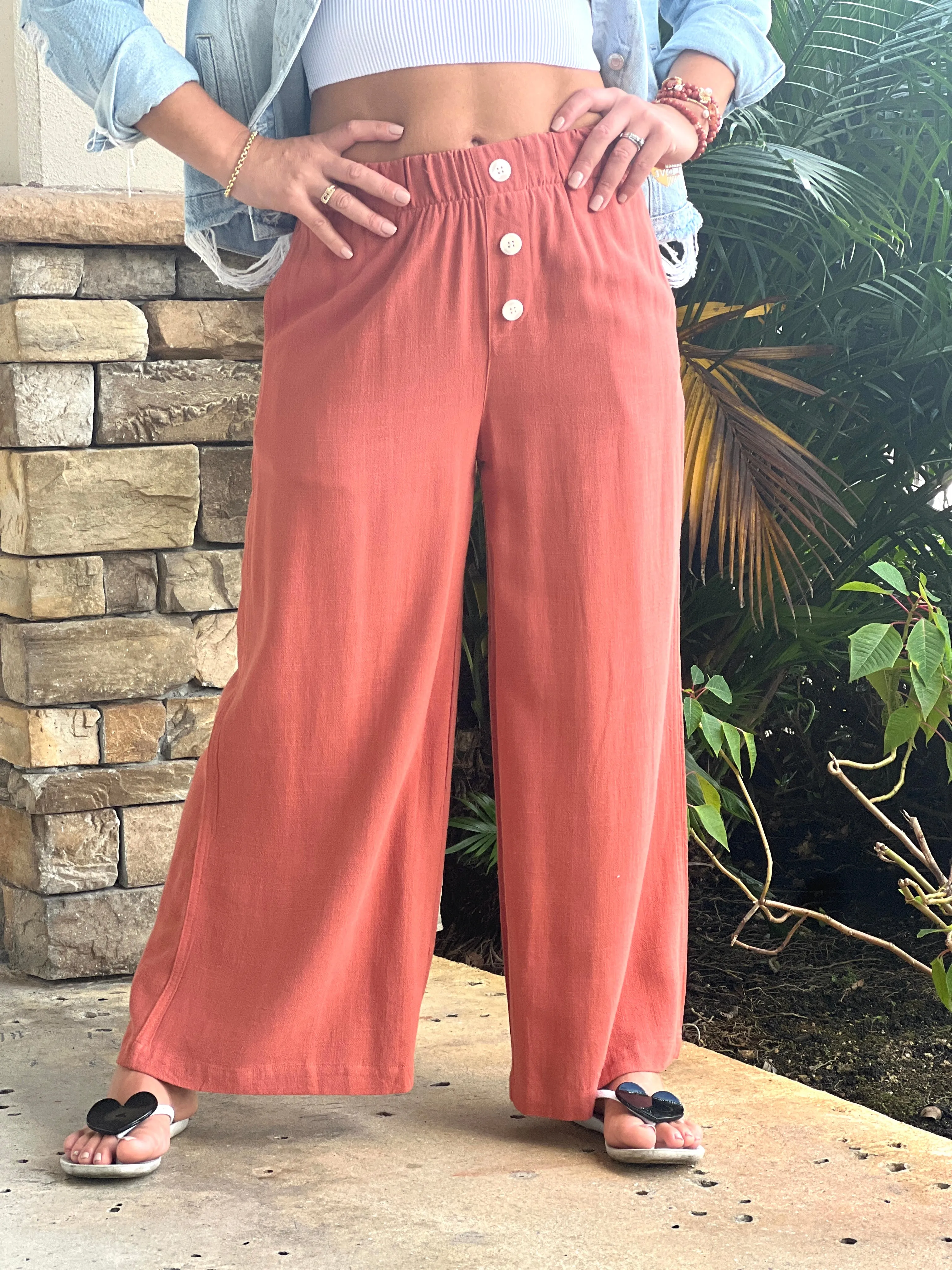 "Sara" Linen Elastic Waist Pants Pants