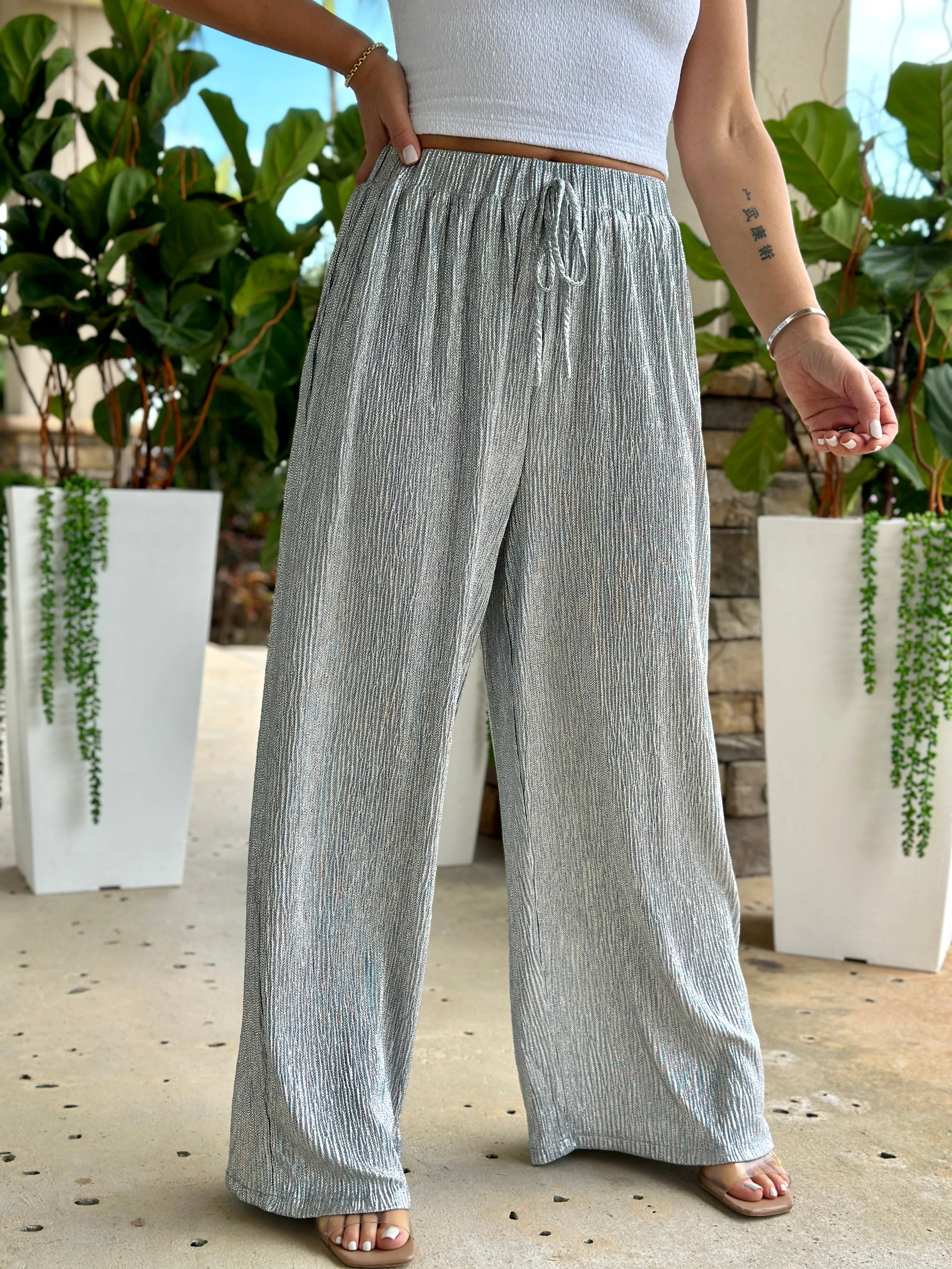 "Tricie" High Waisted Flare Legs Metallic Pants