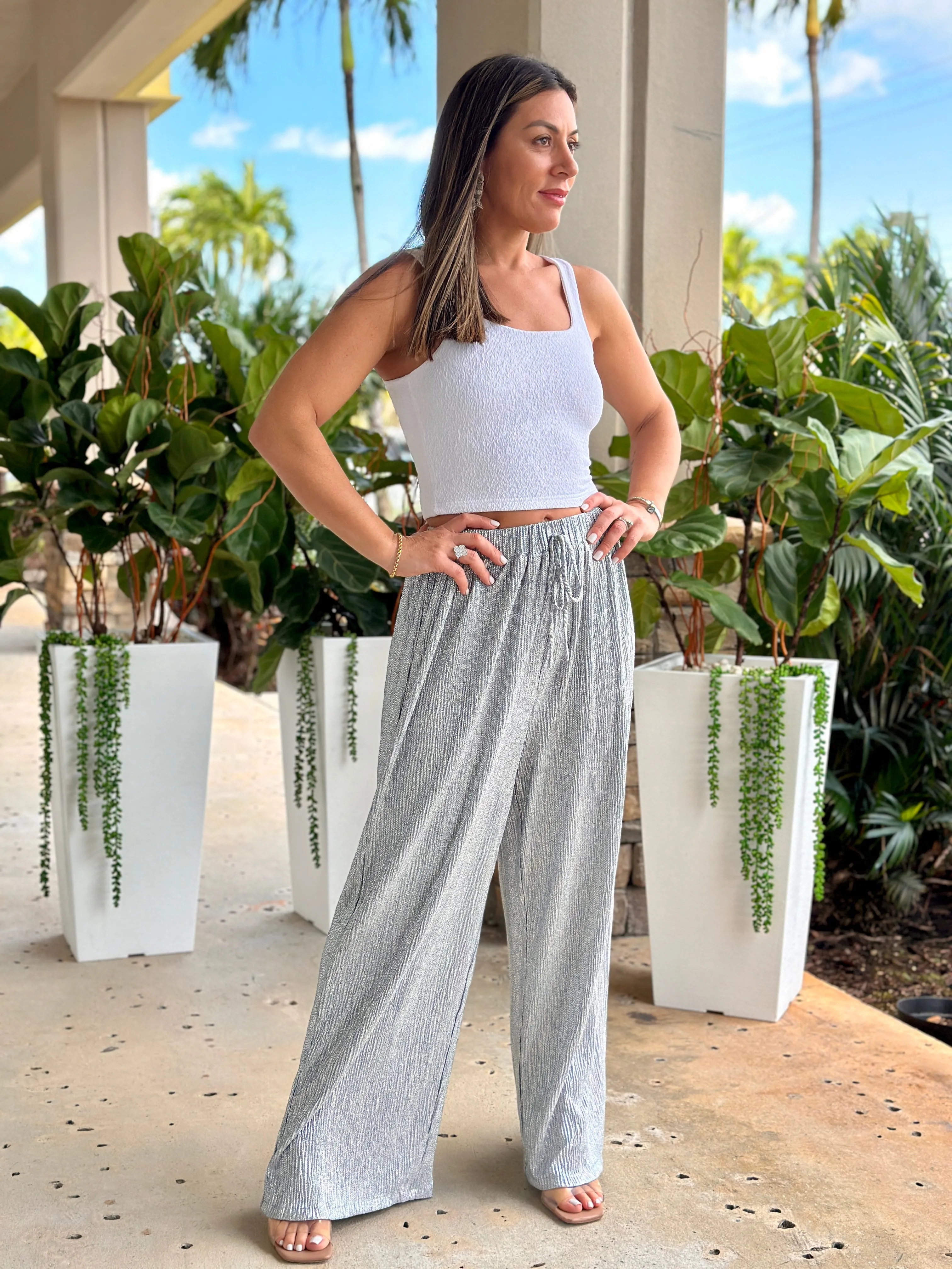 "Tricie" High Waisted Flare Legs Metallic Pants