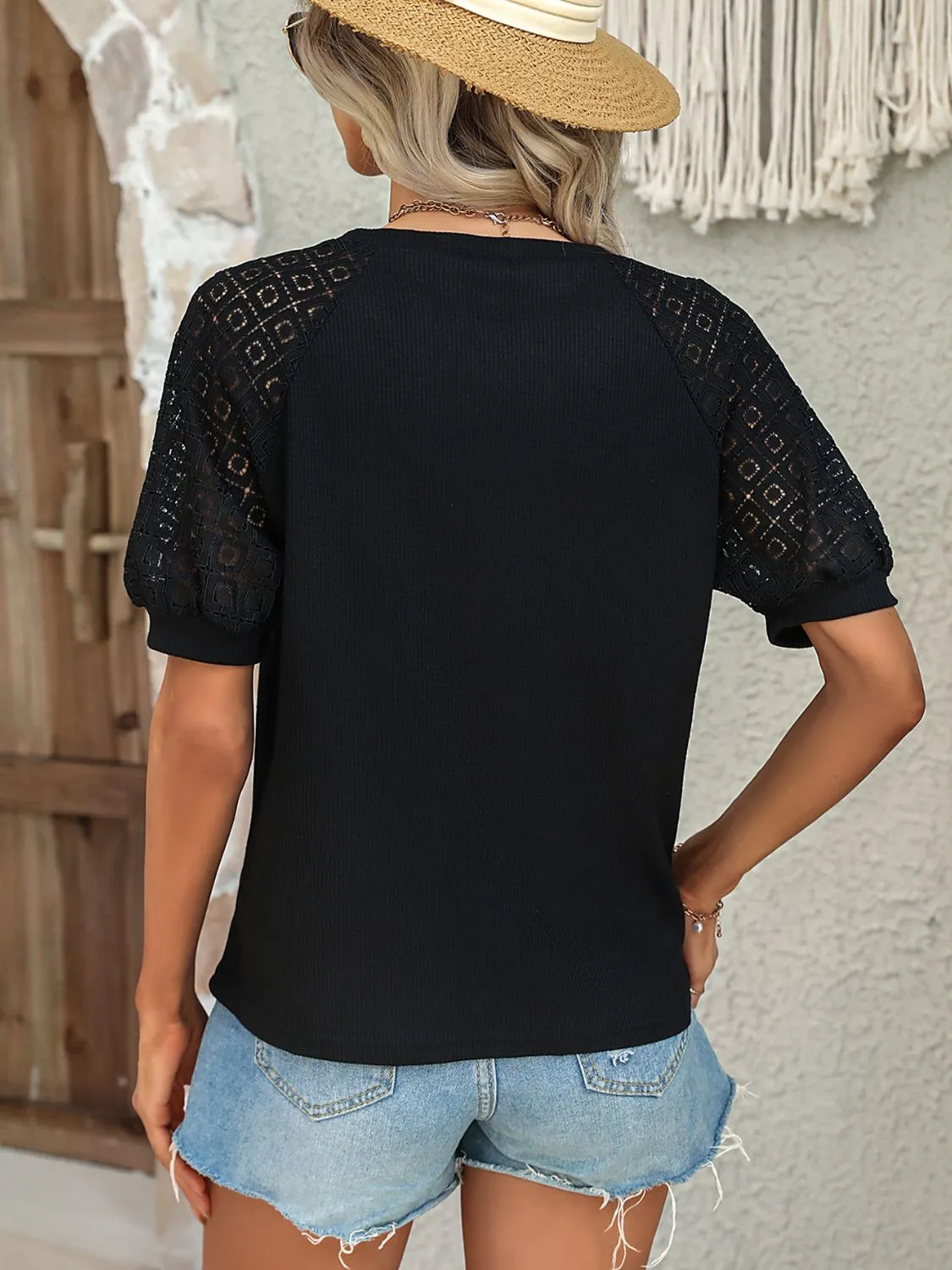 Rebecca Round Neck Lace Patchwork Half Sleeve T-Shirt