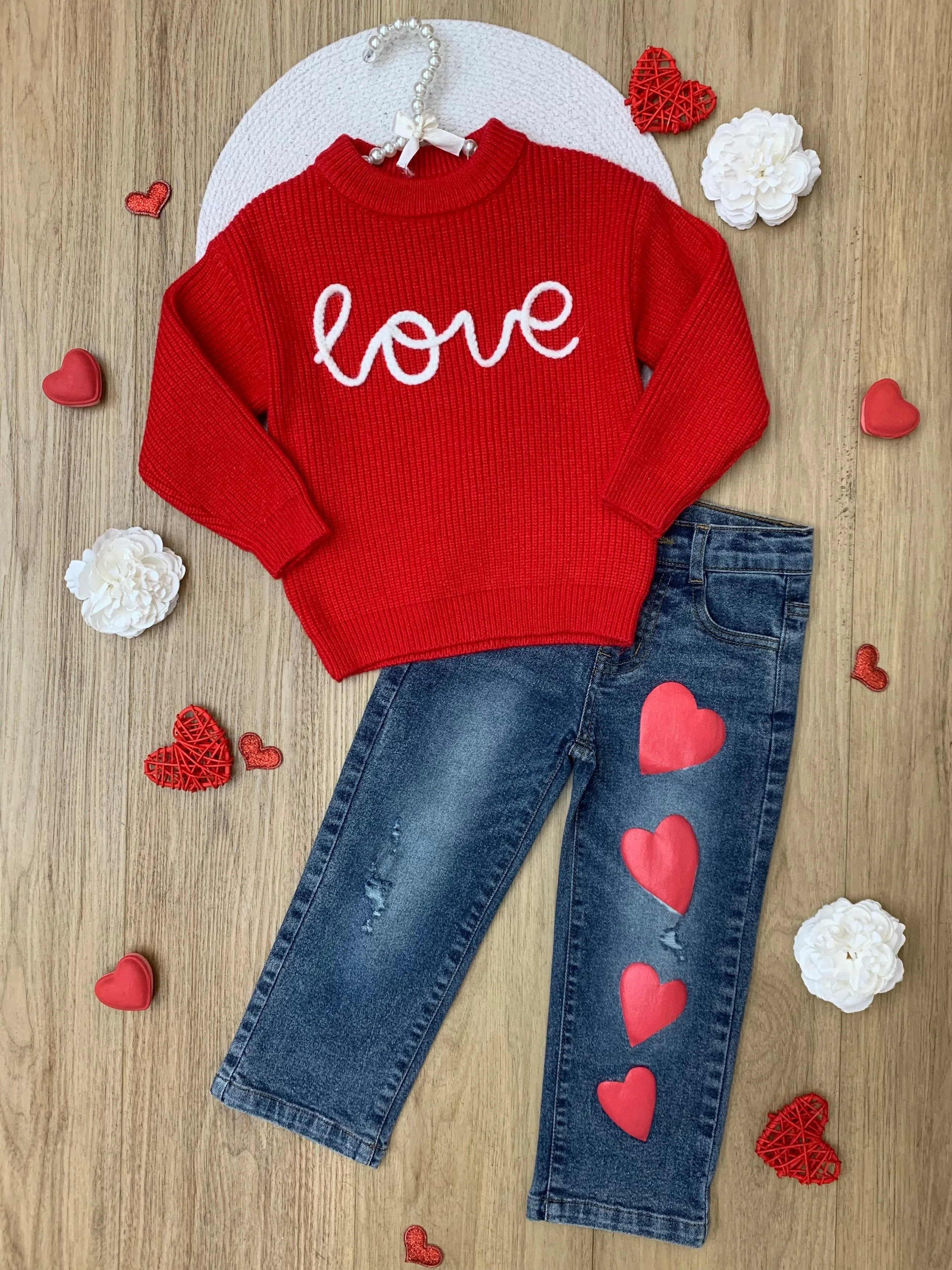 Red Love Sweater and Heart Denim Pant Set