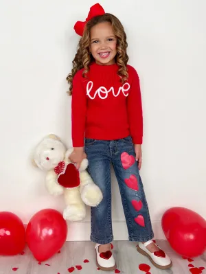 Red Love Sweater and Heart Denim Pant Set