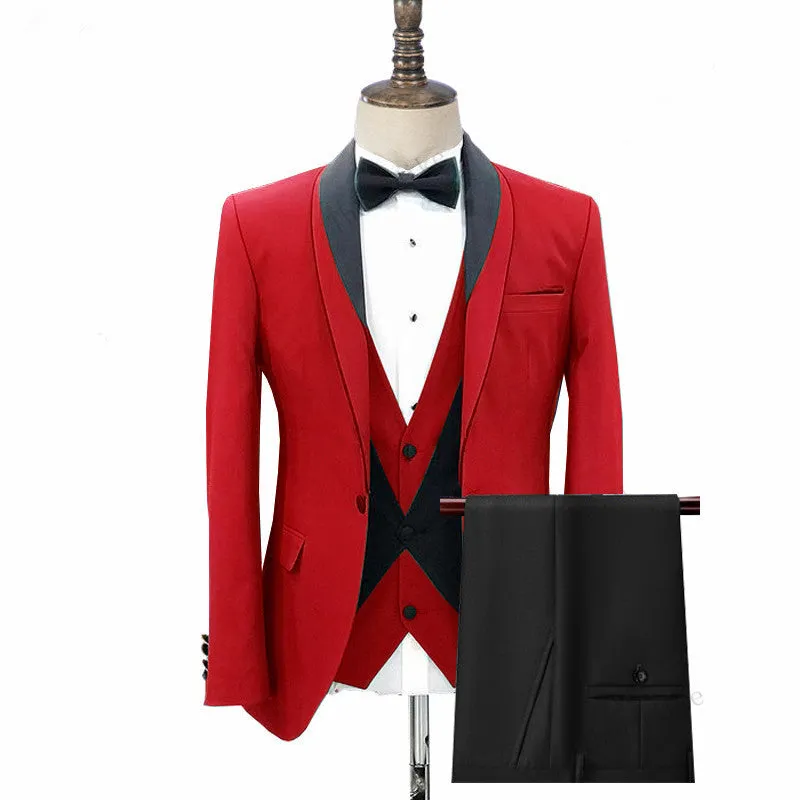 Red Three Pieces Fashion Shawl Lapel Men Suits for Wedding